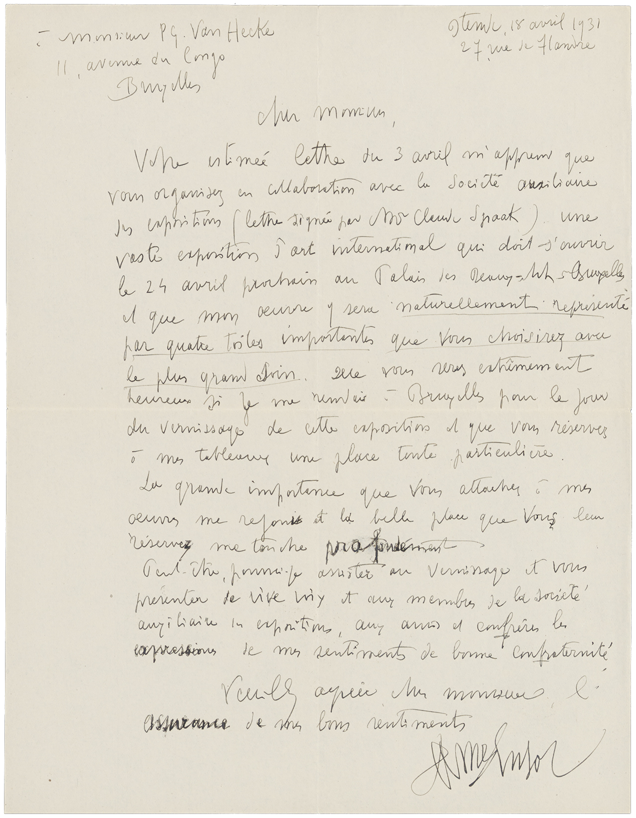 Een brief van James Ensor aan kunstpaus Paul-Gustave Van Hecke (archief KMSKA)
