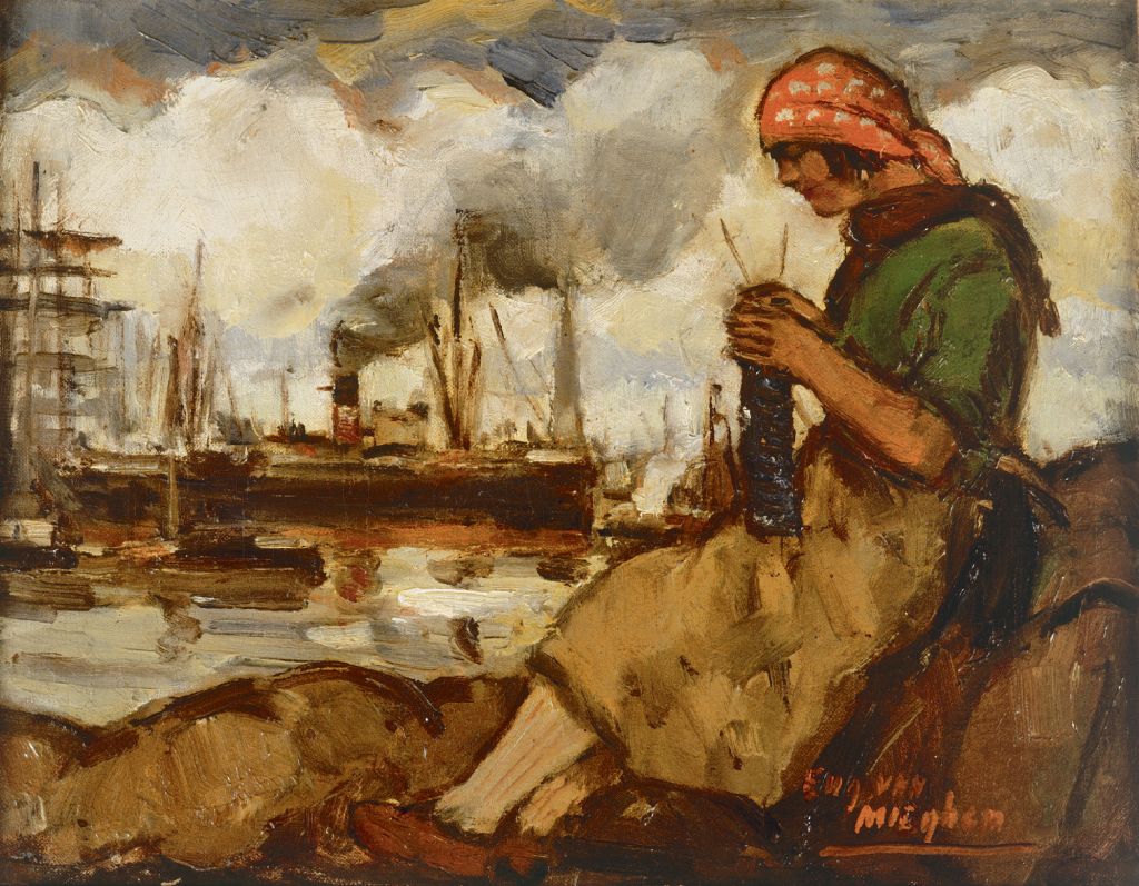 Eugeen Van Mieghem, Breiend havenmeisje, olieverf op doek, ca. 1922