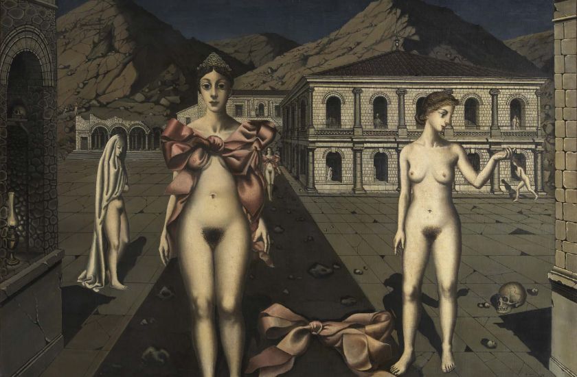 paul-delvaux-de-roze-strikken-kmska.jpg Schilderij De roze strikken van Paul Delvaux