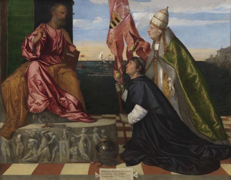 Jacopo-pesaro-door-paus-alexander-borgia-voorgesteld-aan-petrus-titiaan-kmska.jpg Schilderij Jacopo Pesaro, bisschop van Paphos, door paus Alexander VI Borgia voorgesteld aan de heilige Petrus van Titiaan