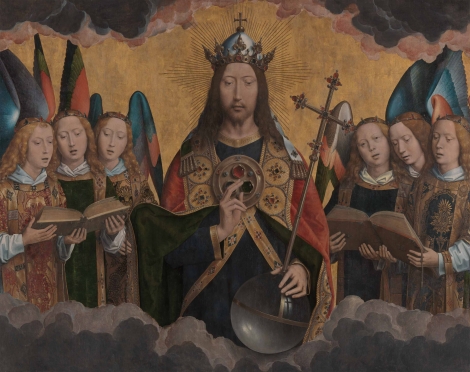 christus-met-zingende-en-musicerende-engelen-hans-memling-kmska.jpg Schilderij Christus met zingende en musicerende engelen van Hans Memling