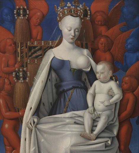 madonna-omringd-door-serafijnen-en-cherubijnen-jean-fouquet-kmska.jpg Schilderij Madonna omringd door serafijnen en cherubijnen van Jean Fouquet