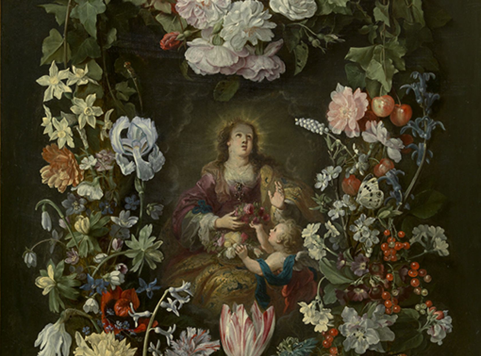 Schilderij Heilige Dorothea van Caeserea in een bloemenkrans